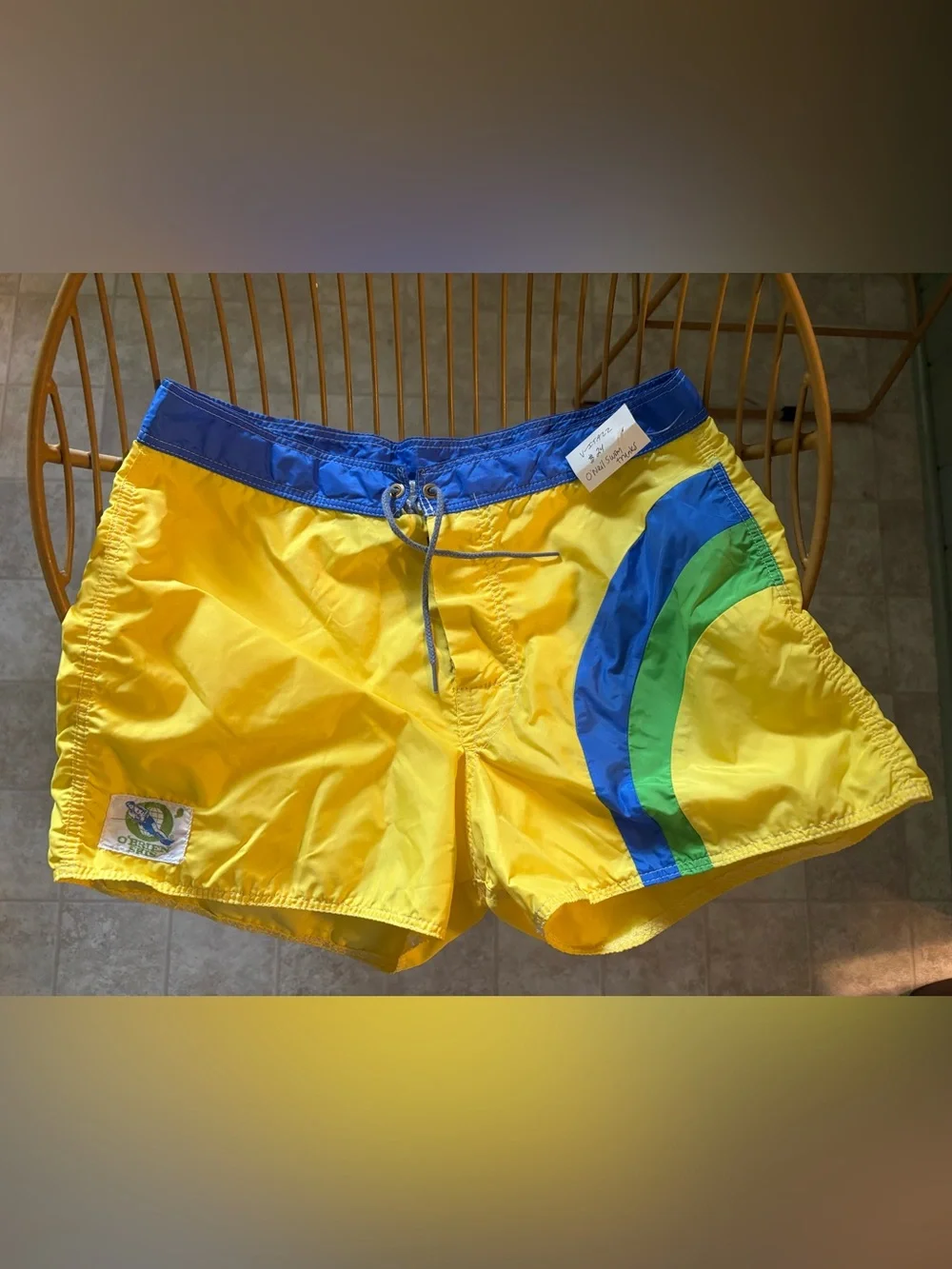 Men's Yellow Colorblock Swim Trunks with Blue & Green Accents